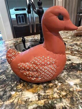 Terracotta Ceramic Duck Figurine with White Dot Pattern